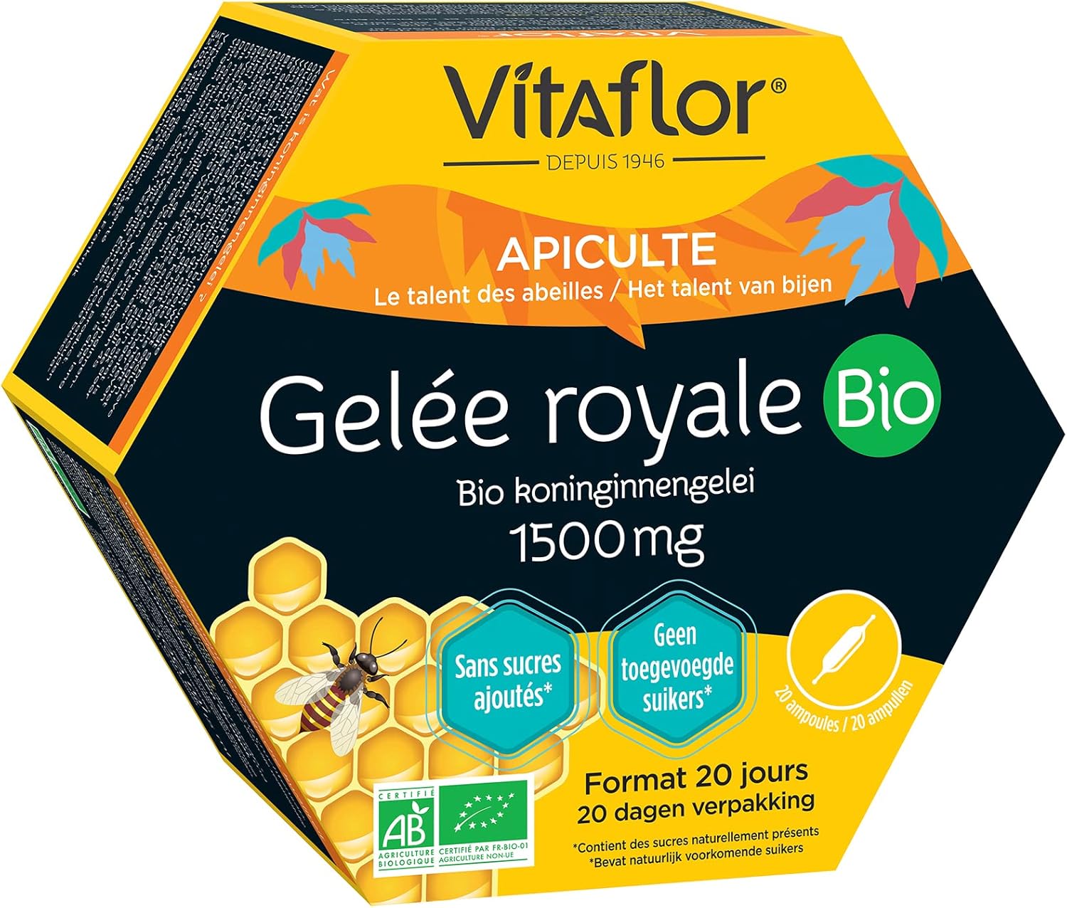 GELÉE ROYALE Bio 1500 mg Boite de 20 Ampoules - Offre spéciale Format Promo - Dosage Élevé - La plus vendue des gelées royales pures en ampoules en pharmacie en France - VITAFLOR