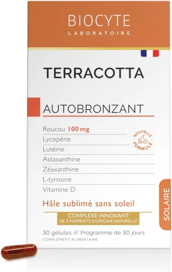 BIOCYTE Terracotta Autobronzant - Teint Hâlé Sans Soleil - Sans Beta Carotene - Roucou, Lutéine, Astaxanthine, L-Tyrosine, Vitamine D - Programme 30 jours