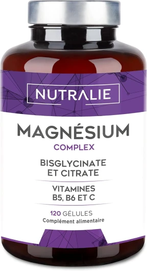 Magnésium Bisglycinate + Citrate - 2145mg - Vitamine B6 B5 C - Fatigue Stress - Magnesium BIO-disponible - Citrate de Magnésium et Magnesium Bisglycinate - 120 Gélules - Nutralie (Sans goût)