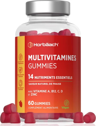 Multivitamines Gummies Adulte - 14 Vitamines Minéraux Essentiels - Vitamine A, Vitamine B12, Vitamine C, Vitamine D et Zinc - 60 Gummies Vegan - Multivitamines et Minéraux - Horbaach