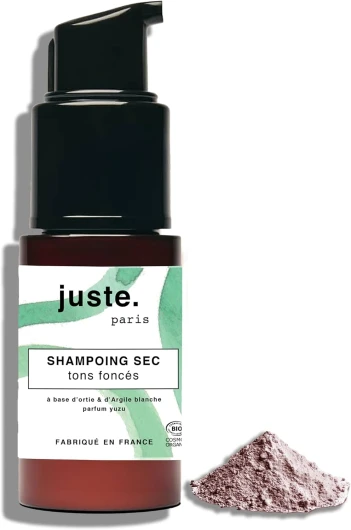 Shampoing Sec Poudre Bio - Pour Cheveux Foncés – 80 ml - Absorbe le Sébum, Redonne Volume et Douceur – Parfum Yuzu – Sans Aérosol - Environ 50 utilisations - Juste.Paris Spray - Cheveux Foncés