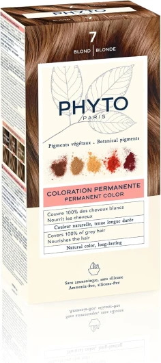 Phyto - Kit Coloration Permanente - 7 Blond - Pigments Végétaux - Sans Ammoniaque - Experts Coloristes - Tenue Longue Durée - Couvre 100% des Cheveux Blancs - 81% d'ingrédients d'origine naturelle 7 Blond 112 ml (Lot de 1)