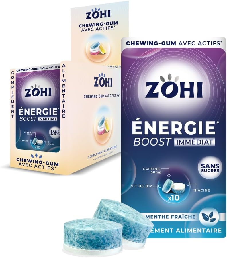 Chewing-gum sans sucres avec actifs - Boost Energie - Goût menthe fraîche - Complément alimentaire avec édulcorants - Boîte de 12 plaquettes de 10 chewing-gums