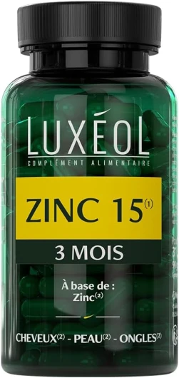 LUXÉOL - Zinc 15(1) - Complément Alimentaire - Maintien Cheveux Ongles & Peau Normaux(2) - Apporte 15mg De Zinc Par Dose Journalière - Programme 3 Mois - Fabriqué En France - 90 Gélules