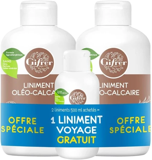 Gifrer Liniment Oléo-calcaire Stabilisé - Lot de 2 x 500 ml + 1 Liniment Voyage 100 ml Offert - Bébé - Emulsion - Prévient l’irritation cutanée et apaise