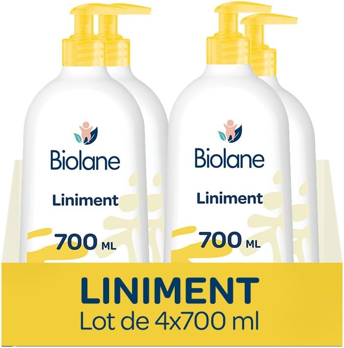 Lot de 4 Flacons Liniment bébé Oléo-calcaire - Nettoyant sans rinçage – 98% Origine naturelle – Peaux Sensibles - Nettoie et protège le siège de bébé – 4 Flacons 700ml – Fabriqué en France Lot de 4 x 700ML