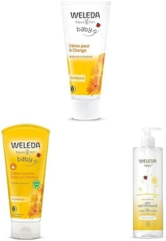 WELEDA Lot Soin Complet Bébé Calendula : Crème Change (75ml) + Crème Lavante Corps & Cheveux (200ml) + Eau Nettoyante (400ml) - Protection, Douceur & Nettoyage Quotidien Bio
