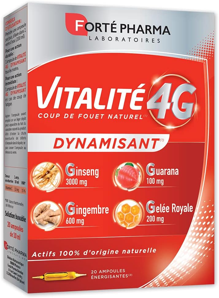 Vitalité 4G Dynamisant - Coup de fouet naturel - Complément Alimentaire Energie immédiate - Ginseng, Gingembre, Guarana et Gelée Royale - 20 ampoules = 20 jours Vitalité 4G Dynamisant 20 Ampoules