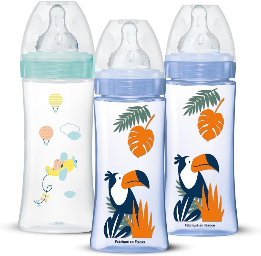 Lot de 3 Biberons Anti-Coliques Tétines Rondes 330ml +6 mois 3 vitesses Débit 3 - Bleu et vert Bleu Vert Lot de 3 330mL