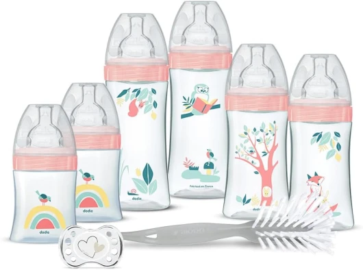 Kit Naissance - 6 Biberons Anti-Colique Tétines Plates (2x150 mL, 2x270 mL, 2x330 mL), 1 Sucette Anatomique 0-2 Mois, 1 Goupillon - Sans BPA - Rose
