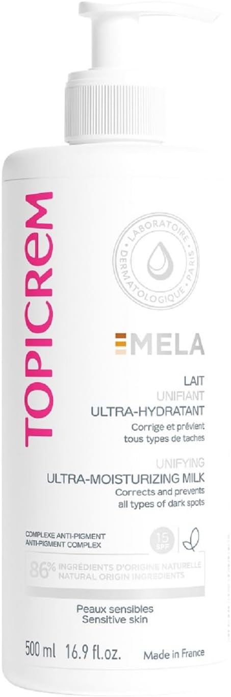 Lait corporel ultra hydratant Mela - Hydrate 24 heures uniformément, corrige et prévient les taches - Texture liquide, parfum floral - Peau sensible - 500 ml (l'emballage peut varier) Nouvelle Formule 500ml
