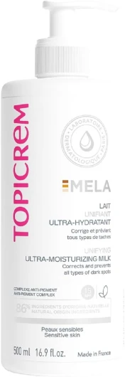 Lait corporel ultra hydratant Mela - Hydrate 24 heures uniformément, corrige et prévient les taches - Texture liquide, parfum floral - Peau sensible - 500 ml (l'emballage peut varier) Nouvelle Formule 500ml