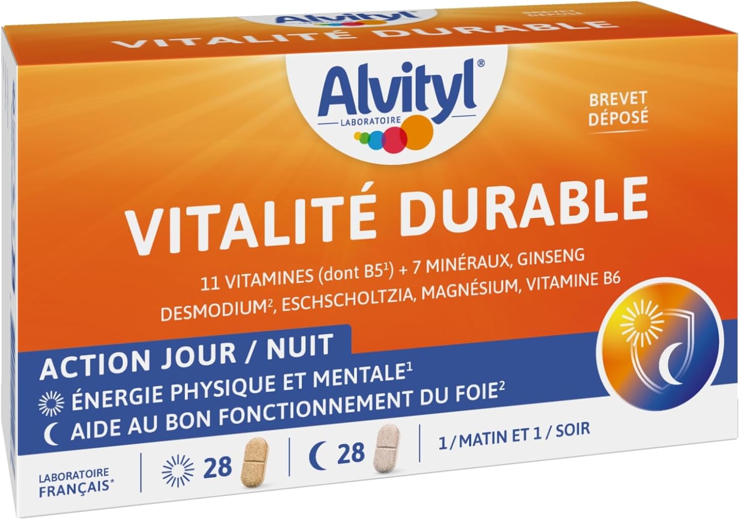 Comprimés Vitalité Durable - Double action Revitalisante & Bien-Etre - 28 comprimés Jaune, Orange 56 unité (Lot de 1)