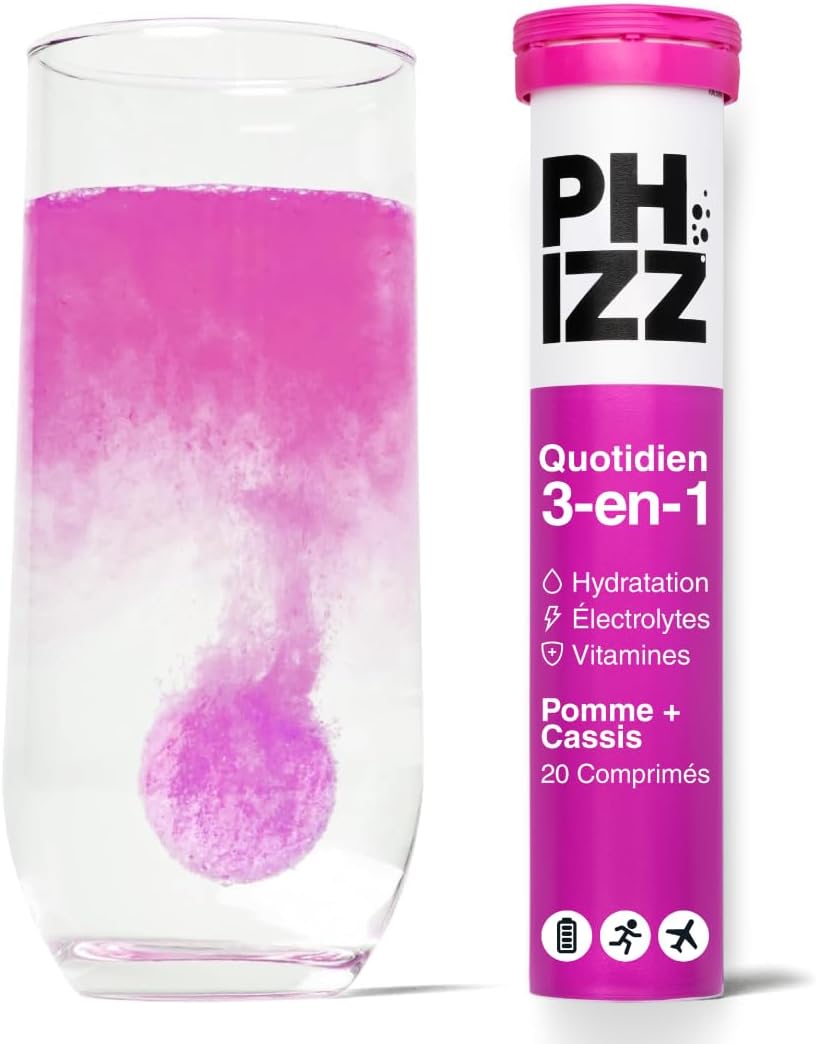 Electrolytes Phizz, Multivitamines & Comprimés d'hydratation - 20 comprimés de réhydratation effervescents - 18 vitamines et minéraux, vitamine C, végane, végétarien et hypocalorique (pomme & cassis)