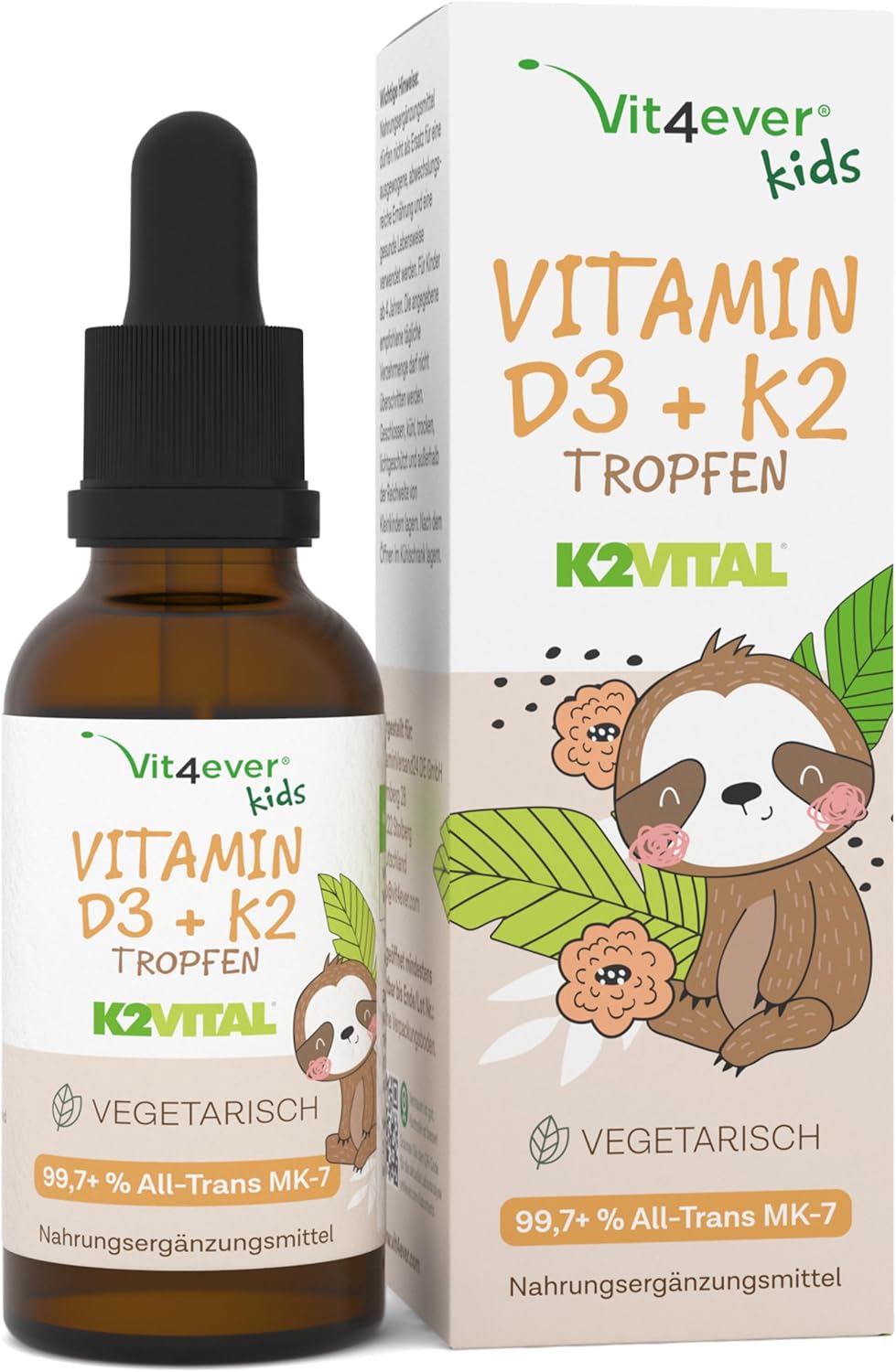 Vitamine D3 K2 en gouttes pour enfants pendant 300 jours (10 mois) - 500 UI de vitamine D & 25μg de vitamine K2 - Haute biodisponibilité grâce au K2VITAL® original - Sans additifs nocifs - Vitamines p