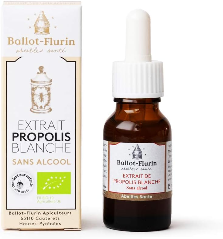 Ballot-Flurin - Extrait Propolis Blanche - MUTLIFONCTIONS : Sensibilités saisonnières, peau, hygiène buccale - Sans alcool - Convient aux enfants - Fabriqué en France - Certifié Bio - 15 ml 15 ml (Lot de 1) Extrait