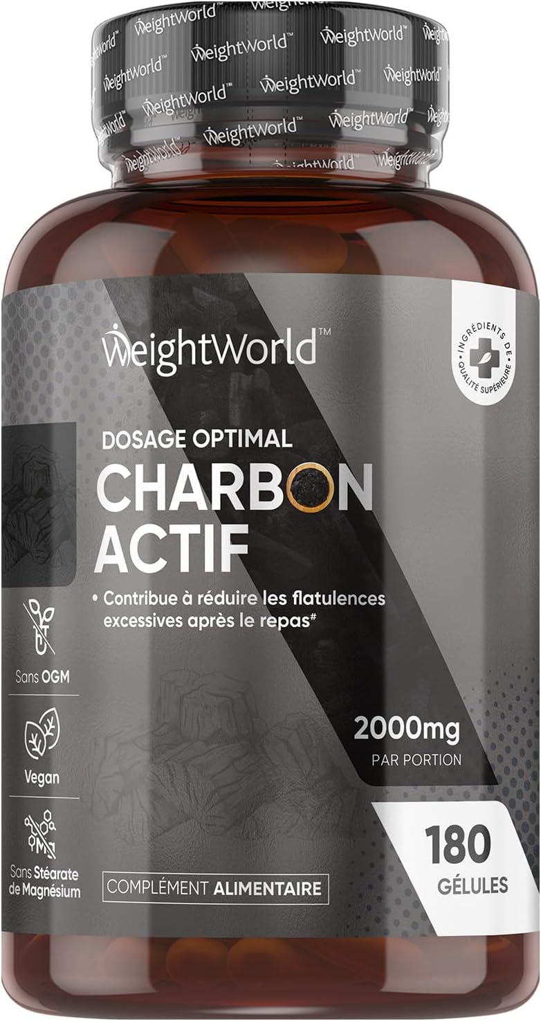 Charbon Actif Végétal 2000mg, Formule Active, 180 Gélules Pour 1 Mois, Vegan, Sans Gluten, Charbon Vegetal Actif Gélules d'Eucalyptus, Alternatif aux Poudres