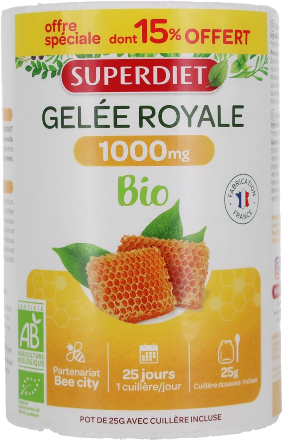 GELÉE ROYALE BIO 1 000MG-Fortifiant-Cuillère doseuse incluse-Fabrication française-FORMAT PROMO- Pot de 25g dont 15% OFFERT Format économique
