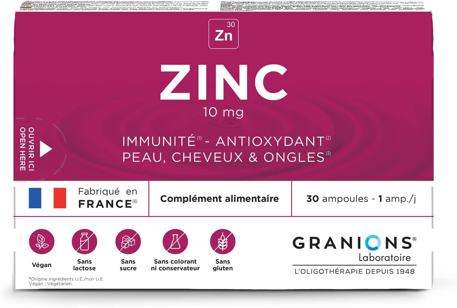 ® ZINC 10 mg - 30 ampoules = 15 jours - Immunité - Antioxydant - Peau, cheveux & ongles - 10 mg de Zinc - Made in France ZINC 10 MG - 30 ampoules de 2 ml
