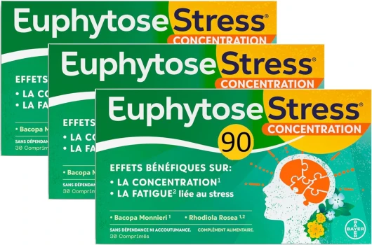 Stress Concentration - Complément alimentaire - Bacopa Monnieri - Rhodiola Rosea - Plantes adaptogènes - Stress, Difficulté de Concentration - 3 mois - 3x30 comprimés - Fabriqué en France