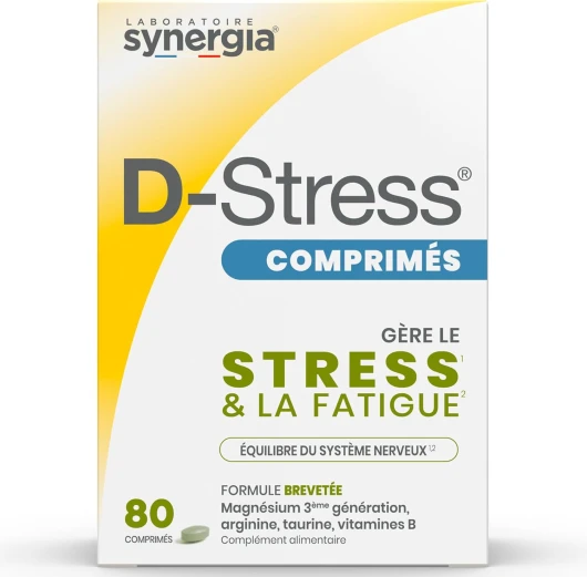 D-STRESS COMPRIMÉS 80 comprimés - Magnésium de 3ème Génération + Taurine + Arginine + Vitamines B - Gère le Stress du Quotidien et Réduit la Fatigue - LABORATOIRE SYNERGIA