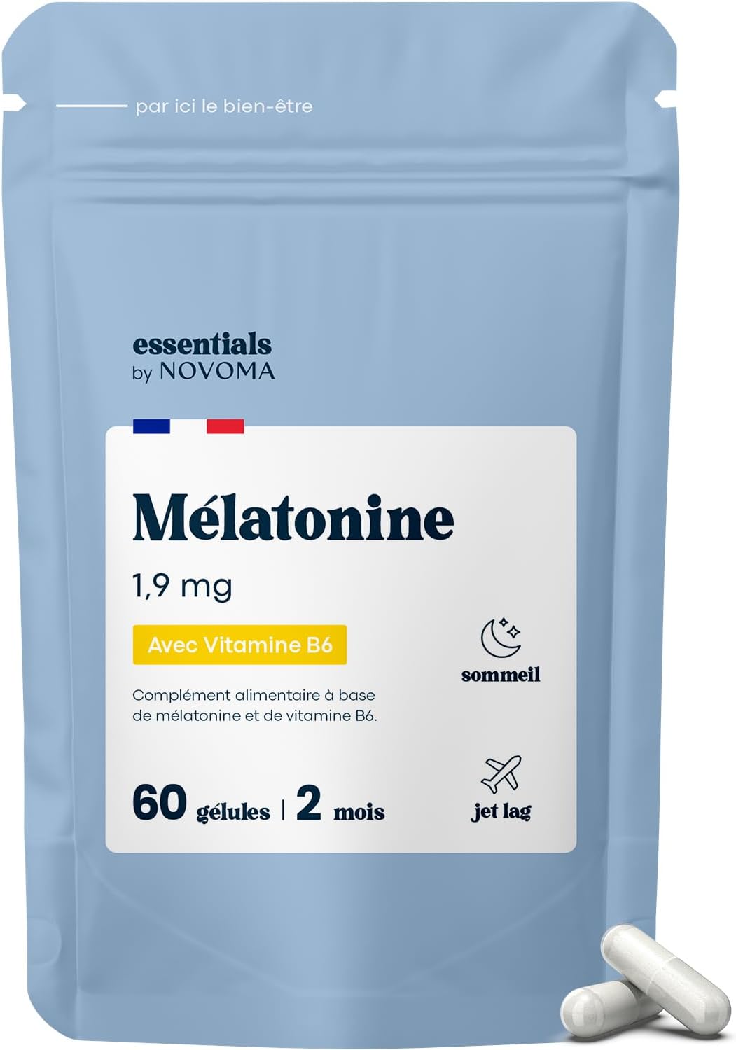 Mélatonine 1,9mg, Endormissement Rapide, Sommeil Naturel & Jet Lag, Cure de 2 mois, 60 Gélules Végétales, Complément Alimentaire pour Mieux Dormir, Fabriqué en France, Essentials by Novoma