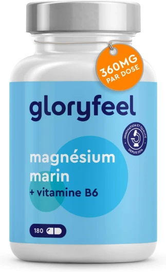 Magnésium Marin et Vitamine B6, Combat Efficacement la Fatigue, 360 mg/jour, 180 Gélules d'Origine Végétale, 3 Mois de Cure, Testé en Laboratoire, Sans Additifs