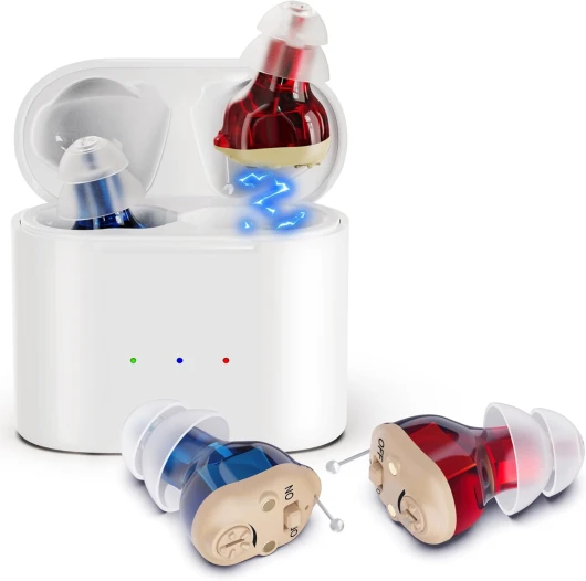 Numérique rechargeable - Appareil personnel mini-oreille interne CIC pour adultes et personnes âgées - Technologie entièrement numérique avec étui de chargement portable USB