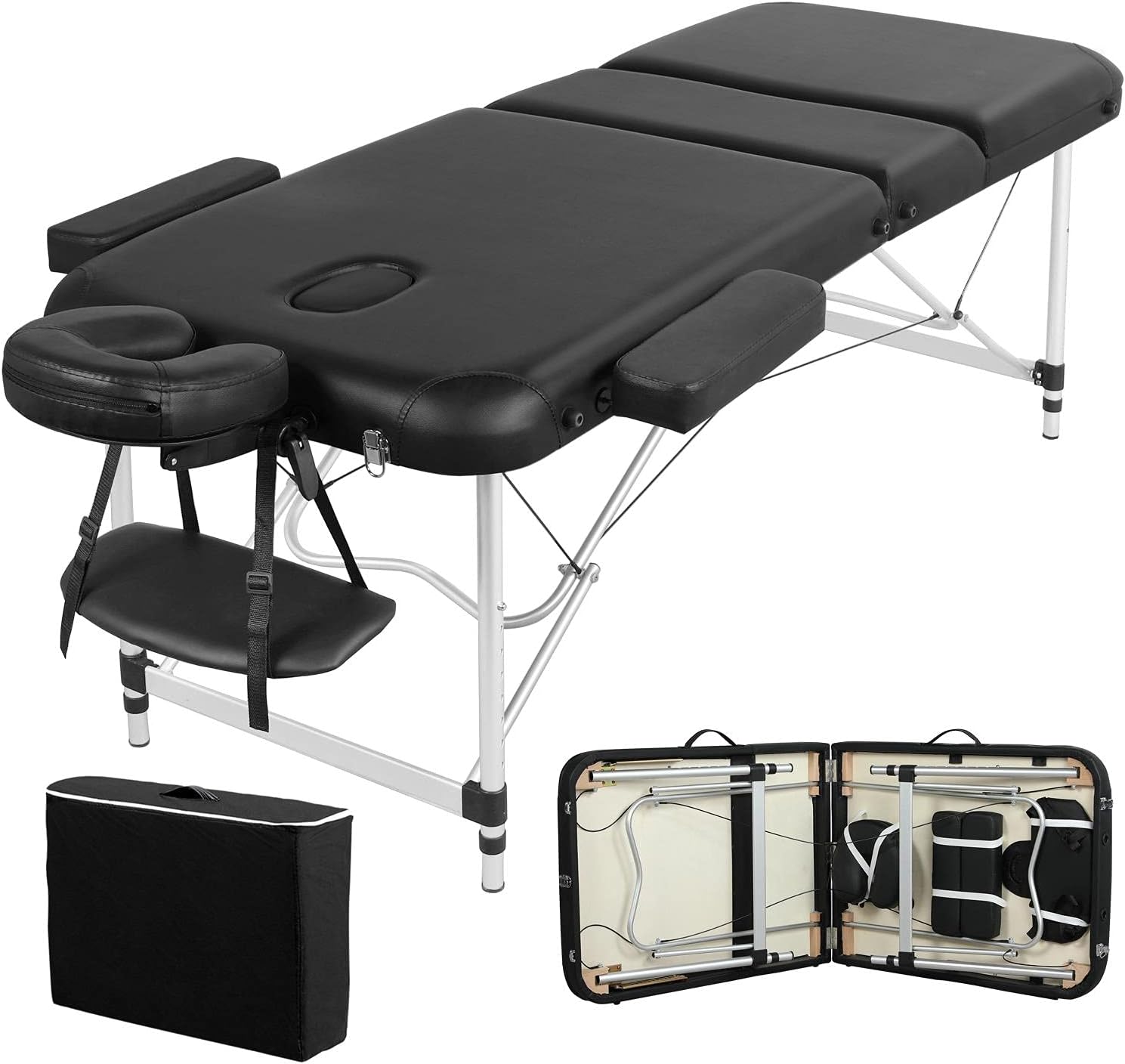 Table de Massage Pliante Professionnelle 3 Section 90 x 213 cm avec Cadre en Aluminium Lit de Massage Large Portable à Hauteur Réglable Repose-tête Ergonomique pour Massage Spa Tatouage 213 x 70 cm Noir