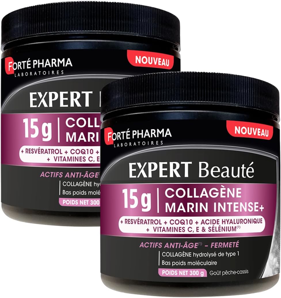 Expert Beauté Collagène Marin Intense+ 15g - Actifs anti-âge, Fermeté - Collagène marin hydrolysé type 1, Resvératrol, CoQ10, Acide hyaluronique - Lot de 2-3 cuill./jour, 40 jours