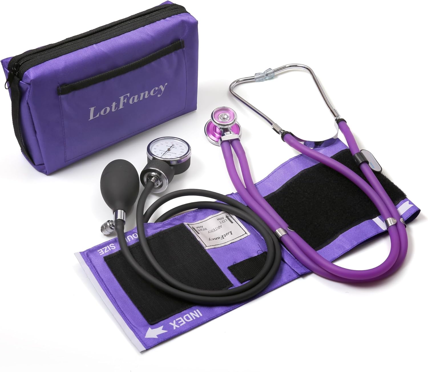 Tensiometre Bras Manuel et Stéthoscope, Kit de Compteur Manuel, Brassard de Tensiomètre pour Adultes, Adapté aux Services d'Urgence, au Médecin, au Cabinet (25,4-40,6 cm, Violet)