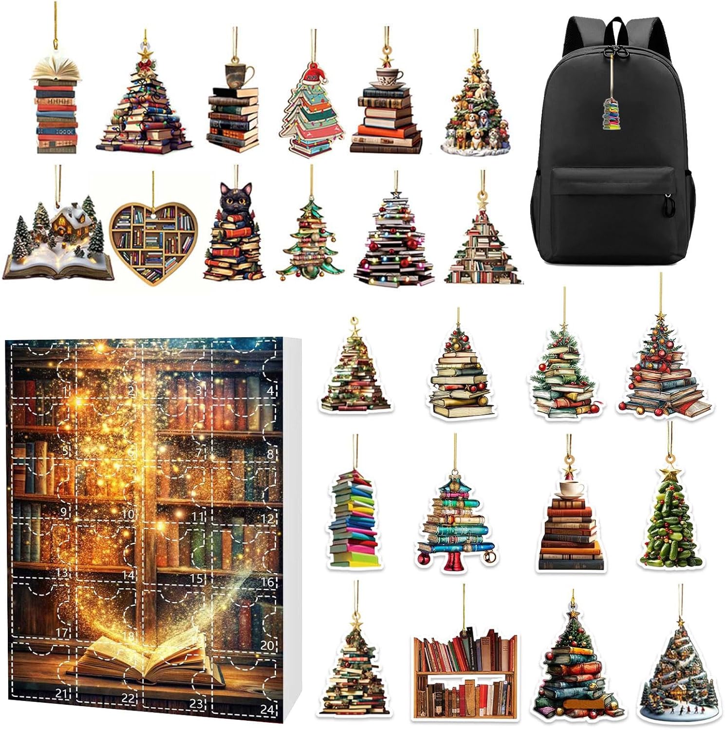 Calendrier de l'Avent de décoration d'arbre de Noël de livre,calendrier de l'Avent de décoration de livre de Noël - Calendriers de compte à rebours de 24 jours pour bambins et adultes
