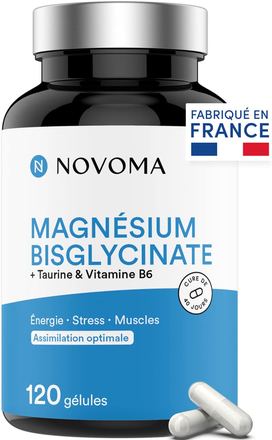 Magnésium Bisglycinate + Taurine & Vitamine B6, Haute Teneur 300mg /j, 120 gélules, Combat la Fatigue et le Stress, Mieux Absorbé que le Magnesium Marin, Fabriqué en France Sans saveur 120 unité (Lot de 1)