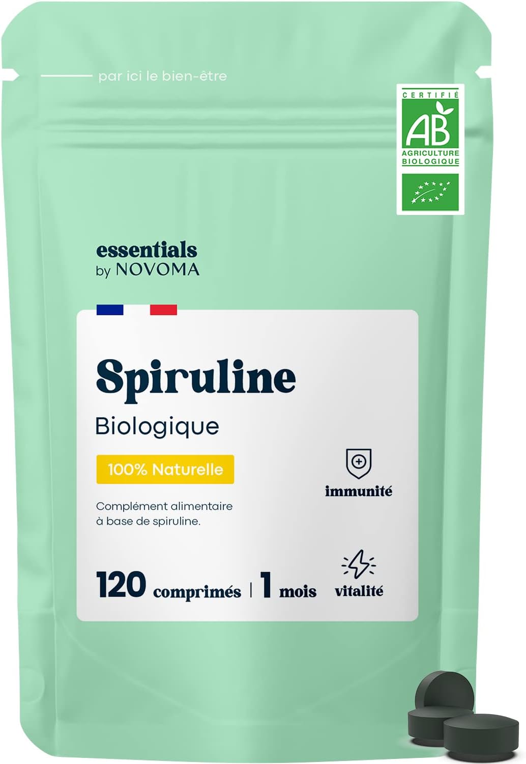 Spiruline Bio 500 mg, Pure et Naturelle, Cure de 1 mois, Réduit la Fatigue, Favorise l'Immunité, 120 Comprimés Vegan, Riche en Protéines et Phycocyanine, Essentials by Novoma Essentials By Novoma - 120 Comprimés