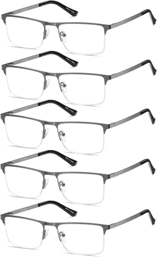 Amcedar 5 Paires Lunettes de Vue Lecture Hommes Demi-trame Acier Inoxydable Materiaux Charniere a ressort Compris Ordinateur Lunettes de Lecture +1.50 +1.50 Grossissement (Lot de 5) 5 Couleurs Melange