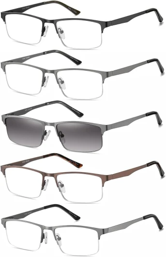 Amcedar 5 Paires Lunettes de Vue Lecture Hommes Rectangulaire style de cadre Acier Inoxydable Materiaux Charniere a ressort Compris Les Soleil Lunettes de Lecture +1.50 +1.50 Grossissement (Lot de 5) 5 Couleurs Melange