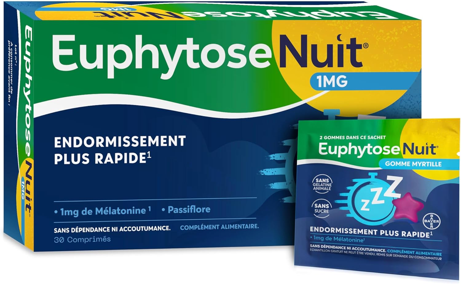 Nuit® - Complément alimentaire adulte - Mélatonine 1mg - Endormissement plus rapide - Passiflore : Sommeil de qualité - 30 comprimés + 2 gommes Myrtille EuphytoseNuit