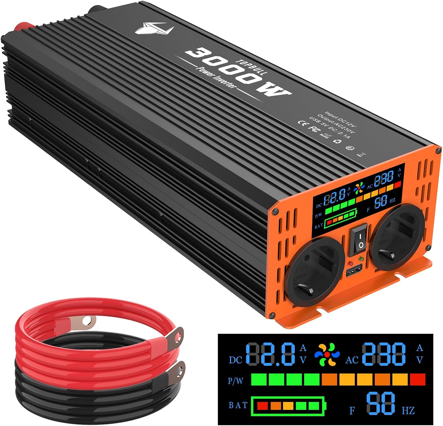 Convertisseur 12V 220V 3000W /6000W 230V Onde Sinusoïdale Modifiée Onduleur pour Camping Voiture/Maison Transformateur et Dual AC Priseset de Courant Alternatif et 1 Port USB et Affichage LED