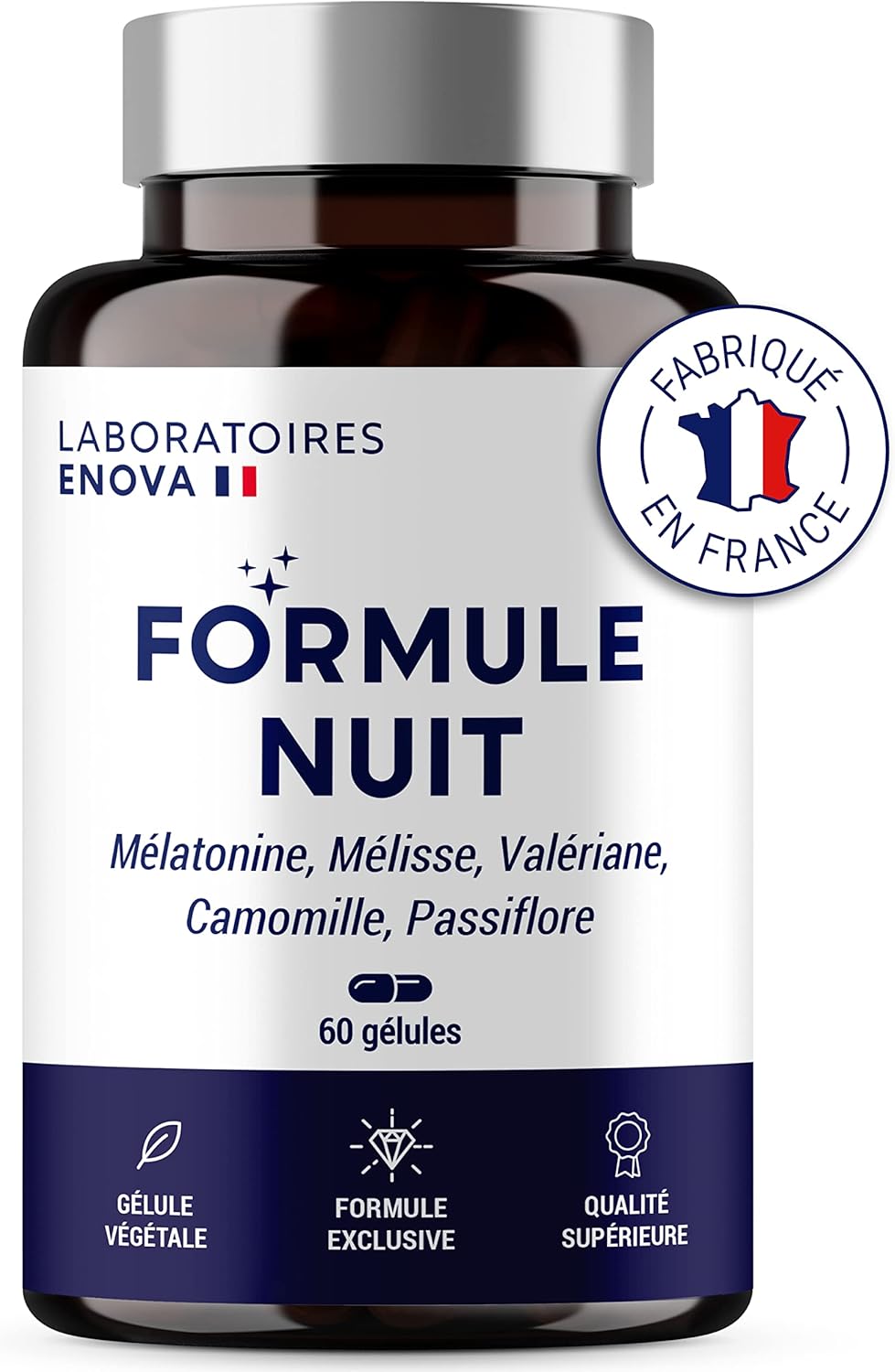 FORMULE NUIT - Mélatonine 1,9 mg + Plantes : Valériane, Mélisse, Camomille, Passiflore - Complément Alimentaire pour Dormir 100% Naturel - 60 nuits de Sommeil Naturel - Fabriqué en France