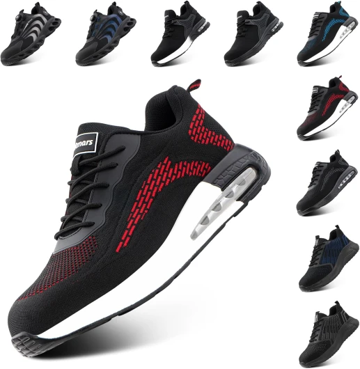 Chaussures de Sécurité Hommes Femmes Basket Securite Chaussure de Travail Safety Shoes Confortable Baskets Chantiers Sneakers Noir EU 36-48 42 EU Safety Shoes Rouge A