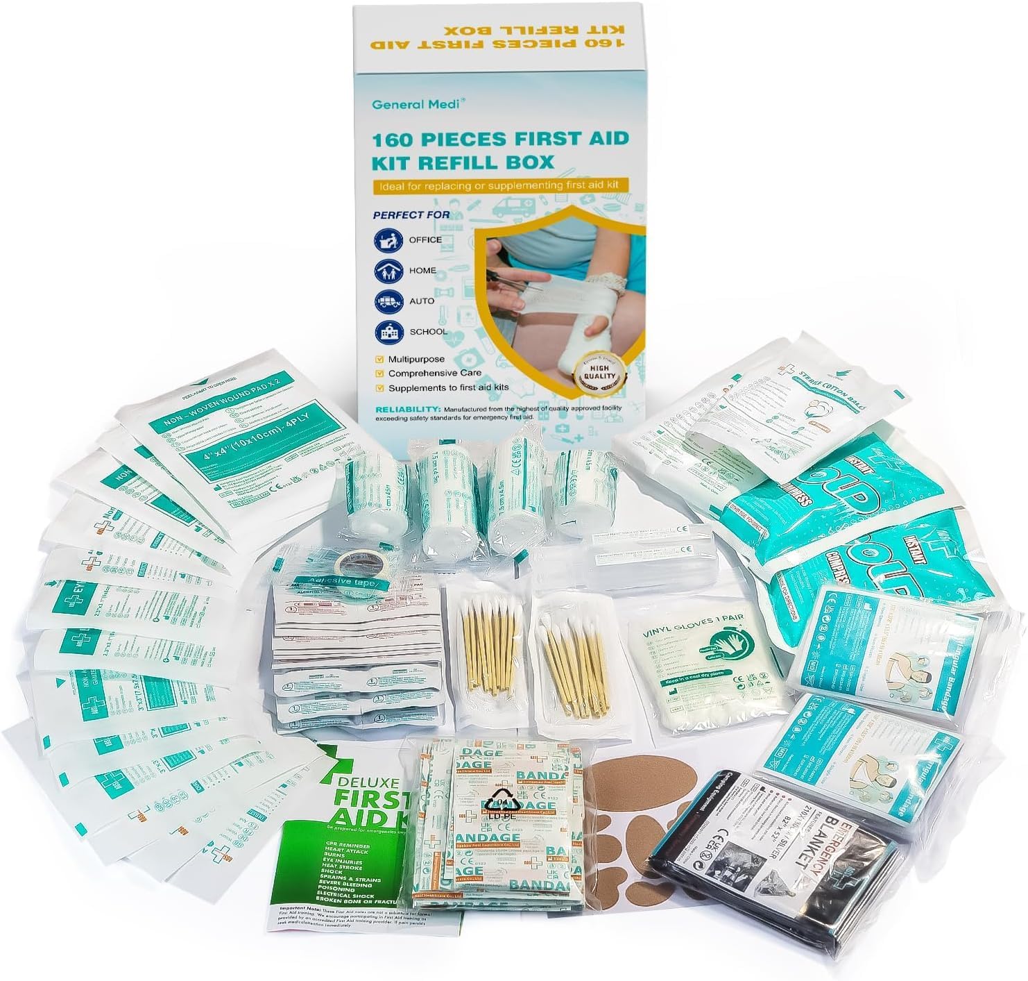 General Medi Pack de suppléments pour Trousse de Premiers Soins Composée de 160 Articles pour la Maison, Le Véhicule, Les Voyages, Le Bureau, Le Lieu de Travail, la Survie et l'Extérieur