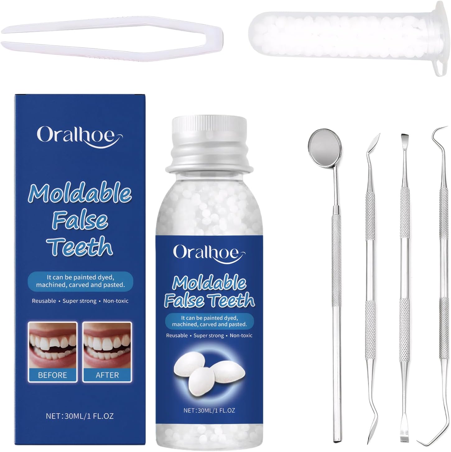 Pansement Dentaire Dent Provisoire Pansement Dentaire Trou Pansement Dentaire Parapharmacie Pansement Dentaire Permanent pour Réparer Les Espaces et Les Dents Cassées avec 4 Outils Dentaires,30ml+5g