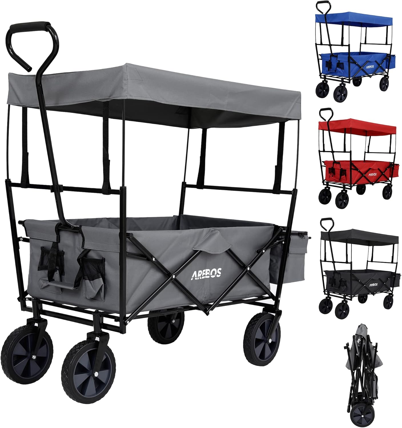 Chariot Pliable avec Toit - Chariot de Transport - 2X Poches en Filet et 1x Poche extérieure - Pliable - pneus Pleins en Caoutchouc - Poche XXL - capacité de Charge de 70 kg - Gris
