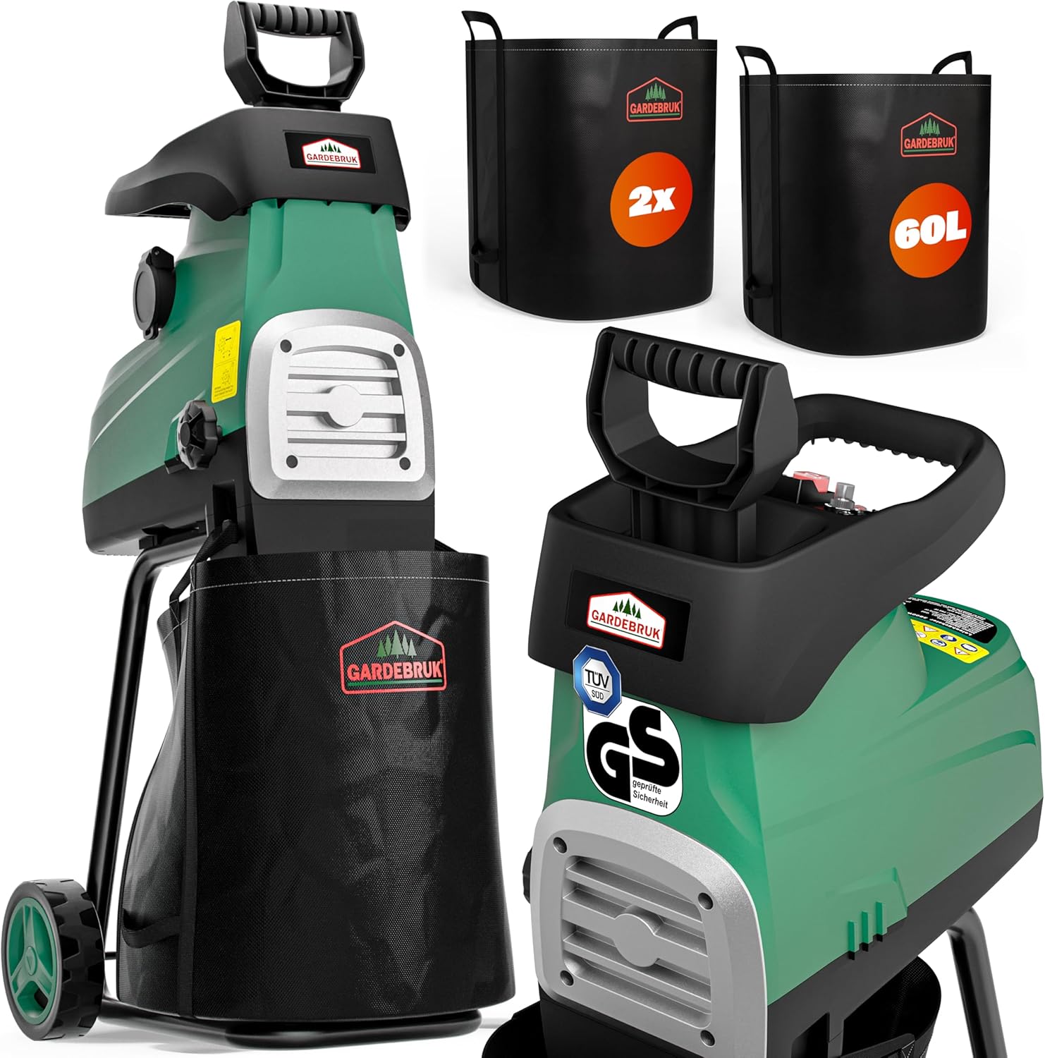 Gardebruk® Broyeur végétaux et Branches 3100 W Silencieux Branches Max - 44mm 2X bac 60L déchiqueteuse Branches broyeur électrique Jardin