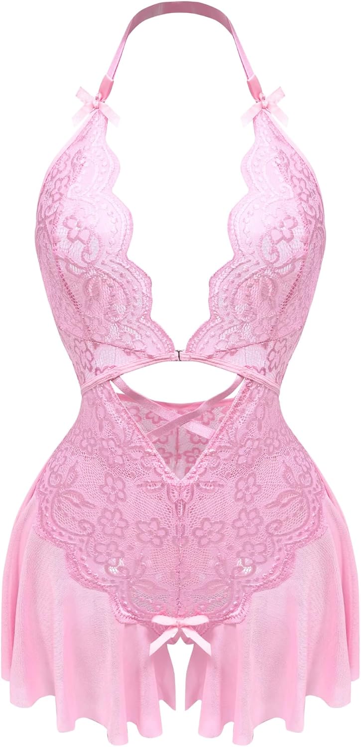 Nuisette Lingerie pour Femmes Body Sexy Lingerie Femme Col en V Profond Lingerie Sexy Dentelle Translucide Bretelles Body Réglable Ouverte Lingerie L Rose