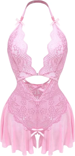 Nuisette Lingerie pour Femmes Body Sexy Lingerie Femme Col en V Profond Lingerie Sexy Dentelle Translucide Bretelles Body Réglable Ouverte Lingerie L Rose