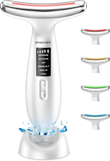 Appareil Anti Rides Visage Massage: Masseur Double Menton Lifting à 5°C Froid et 45°C Chaleur - Appareil de Beauté Electrique à 6 Modes LED 4 Couleurs - Visage Cou EMS Anti-Âge Raffermissement Massage Blanc