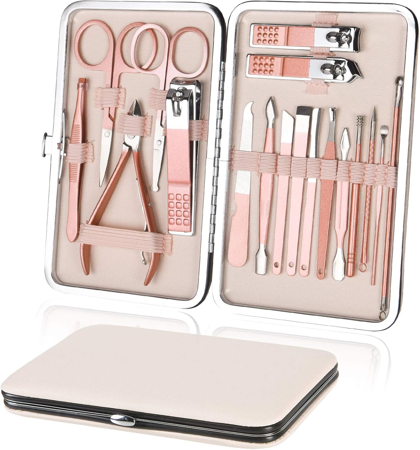 Kit Manucre Pedicure, 18pcs Ensemble de Coupe-Ongles Professionnel, Coupe-Cuticule en Acier Inoxydable, Kit de Manucure de Pédicure avec Boîte de Voyage et Maison Exquise (Or Rose) 18pcs-rose