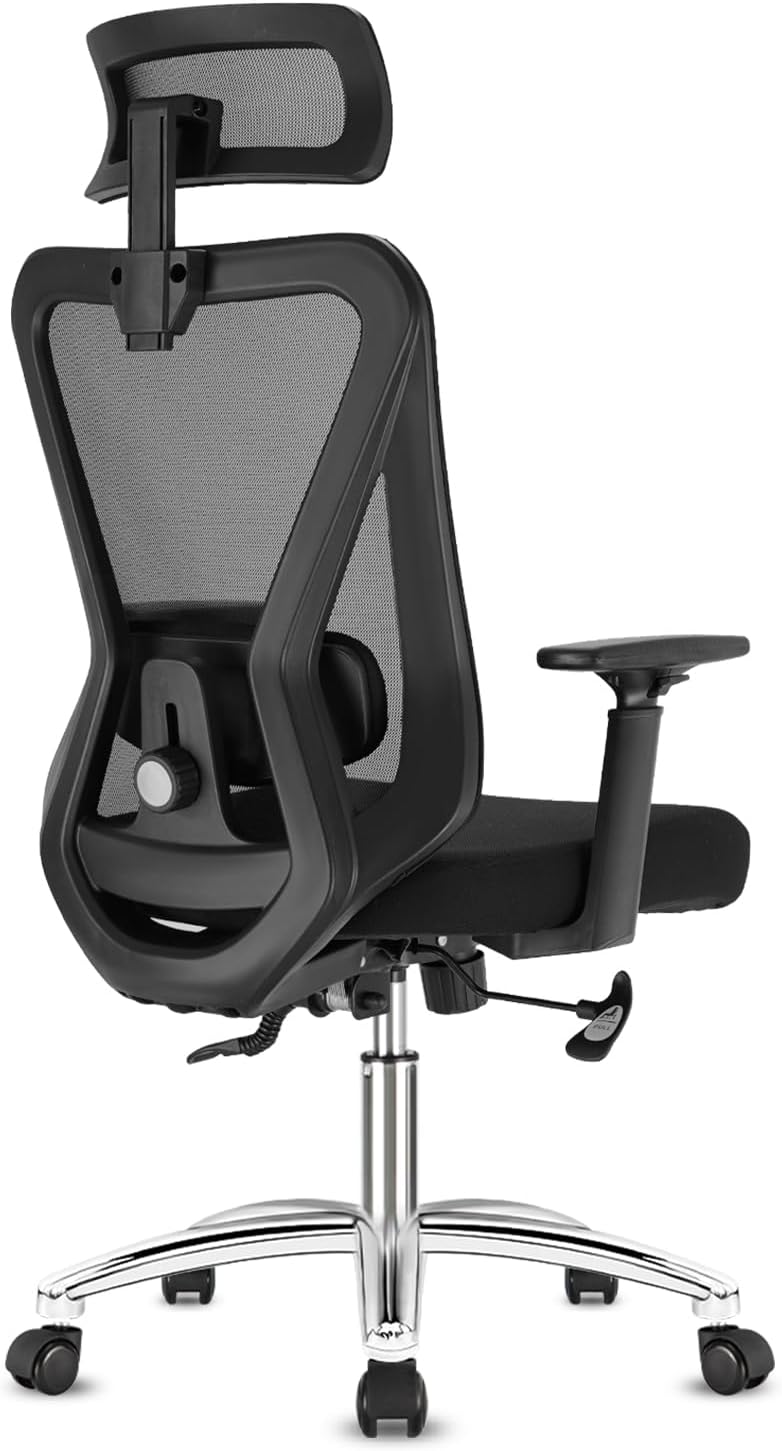 Durrafy Chaise Bureau Ergonomique,Chaise Bureau avec Verrouillage de l'inclinaison à 90~130 °,Fauteuil Bureau capacité150KG,Maille Appui-tête,Soutien Lombaire Réglable Coussin en éponge,Accoudoir,Noir