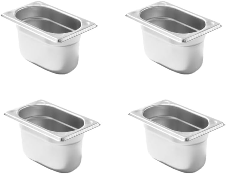 Arredo Chef Lot de 4 Bacs Gastro en inox - Résistance Thermique de -40°C à 300°C - Compatible Fours à Convection, Réfrigérateurs, Bains-Marie et Chafing Dishes (GN 1/9, Hauteur : 150 mm (1L)) Hauteur : 150 mm (1L) GN 1/9